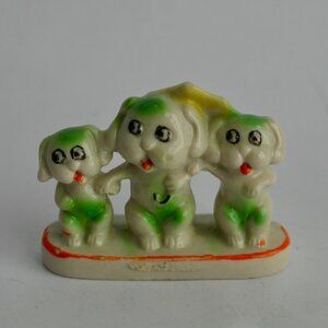 Vintage Puppies Trio with Umbrella Ceramic Figurine Japan